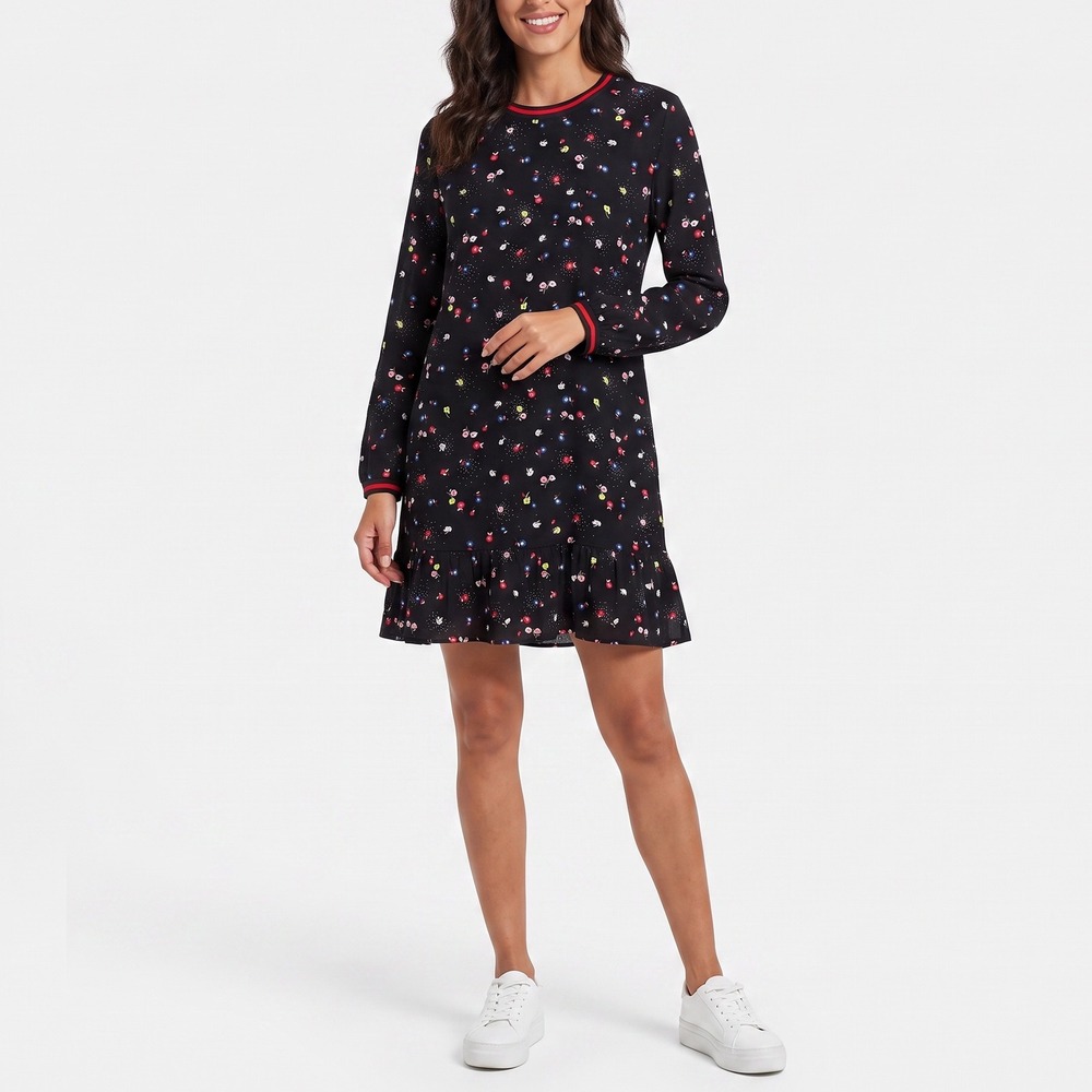 POPSUGAR Dress Womens L Floral Shift Black Ruffle Hem Ribbed Trim Excellent